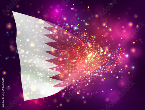Qatar, vector 3d flag on pink purple background with lighting and flares
