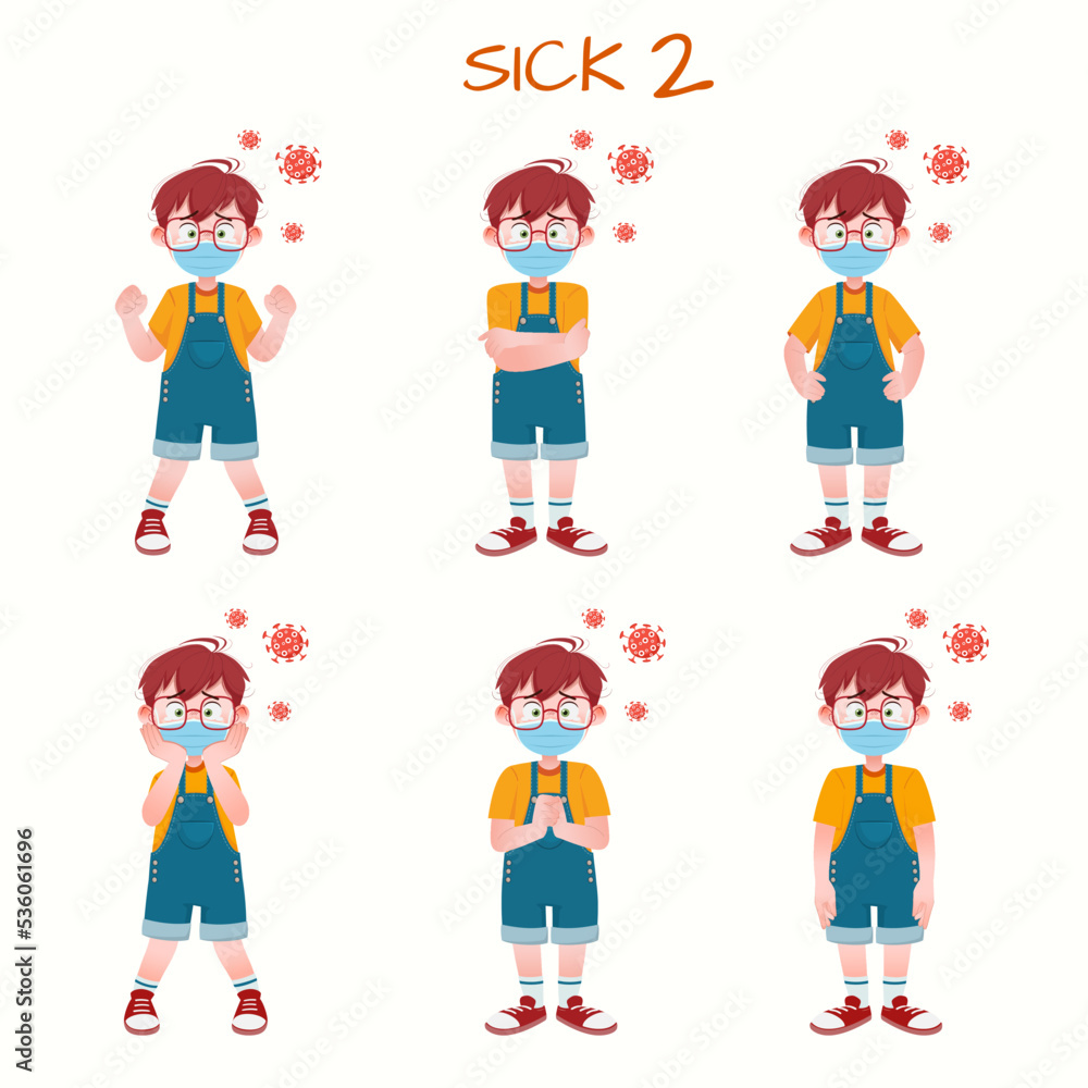 Set of kid boys showing sick expression.Vector illustration. Set of kid boys showing sick expression.Vector illustration.