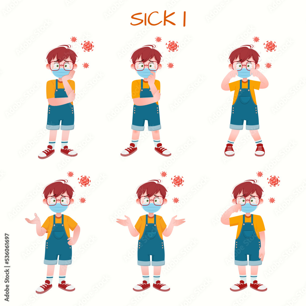 Set of kid boys showing sick expression.Vector illustration.
