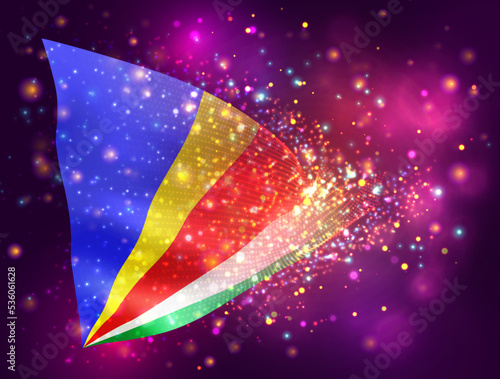 Seychelles, vector 3d flag on pink purple background with lighting and flares
