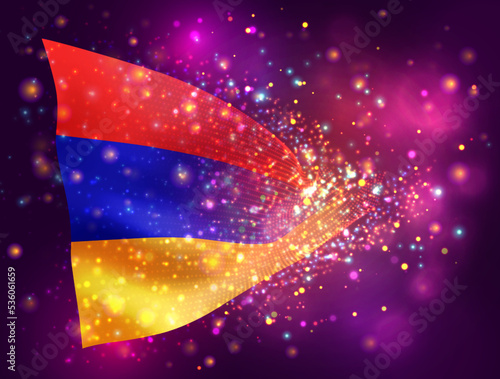Armenia, vector 3d flag on pink purple background with lighting and flares