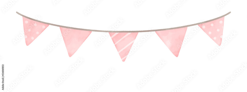 Cute pastel pink triangle party bunting. Baby and kids party decoration. Water color illustration.	