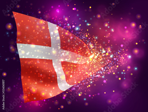 Denmark, vector 3d flag on pink purple background with lighting and flares