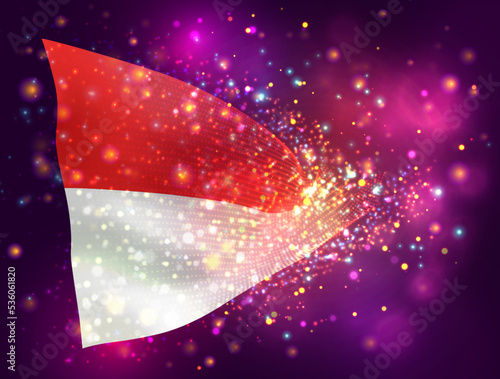 Indonesia, Monaco, vector 3d flag on pink purple background with lighting and flares