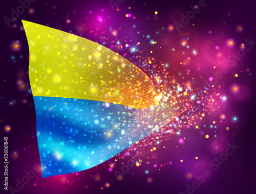 Ukraine, vector 3d flag on pink purple background with lighting and flares