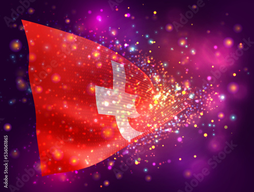 Switzerland, vector 3d flag on pink purple background with lighting and flares