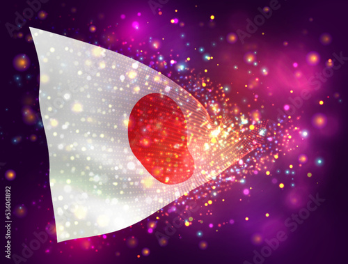 Japan, vector 3d flag on pink purple background with lighting and flares