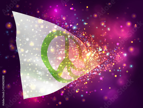 Peace, on vector 3d flag on pink purple background with lighting and flares