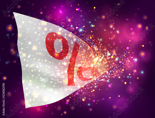 Discount, on vector 3d flag on pink purple background with lighting and flares