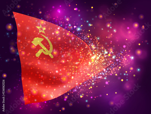 USSR, vector 3d flag on pink purple background with lighting and flares