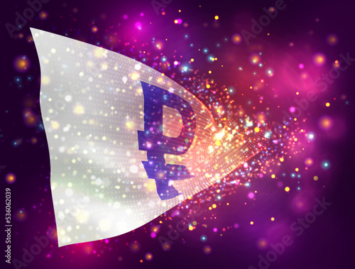 Ruble, on vector 3d flag on pink purple background with lighting and flares