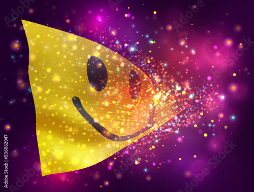 Smile, on vector 3d flag on pink purple background with lighting and flares