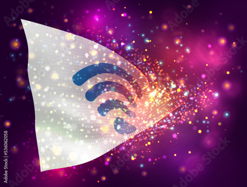 Wi-Fi, on vector 3d flag on pink purple background with lighting and flares