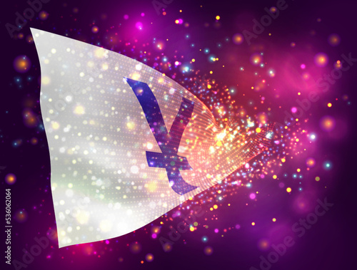 Yen, on vector 3d flag on pink purple background with lighting and flares