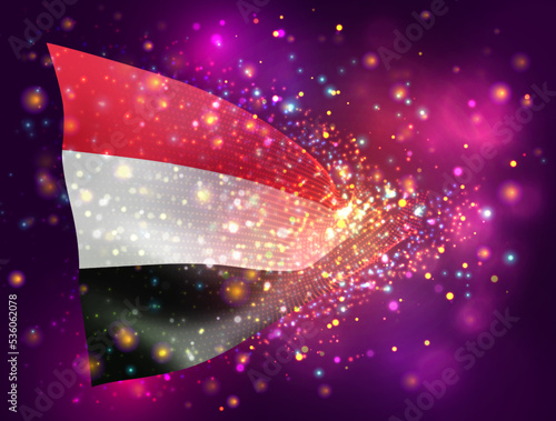 Yemen, vector 3d flag on pink purple background with lighting and flares