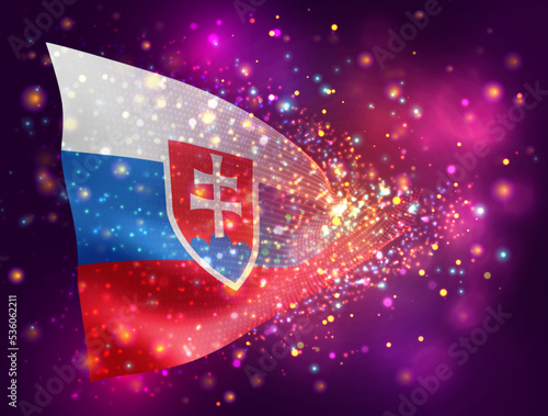 Slovakia, vector 3d flag on pink purple background with lighting and flares