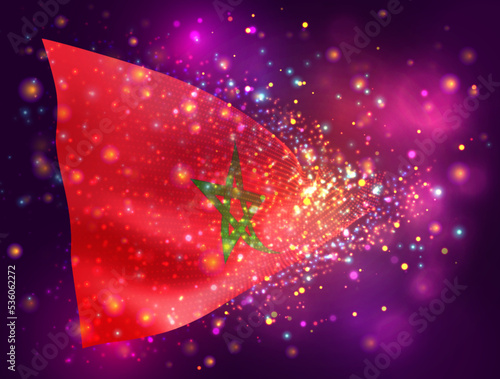 Morocco, vector 3d flag on pink purple background with lighting and flares
