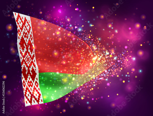 Belarus, vector 3d flag on pink purple background with lighting and flares