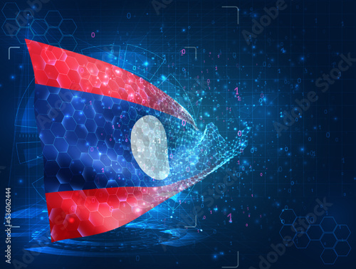 Laos,  vector flag, virtual abstract 3D object from triangular polygons on a blue background