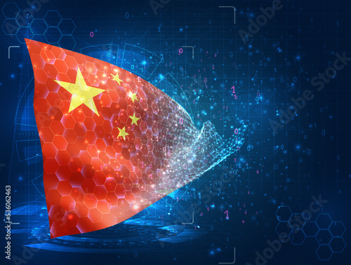 China,  vector flag, virtual abstract 3D object from triangular polygons on a blue background