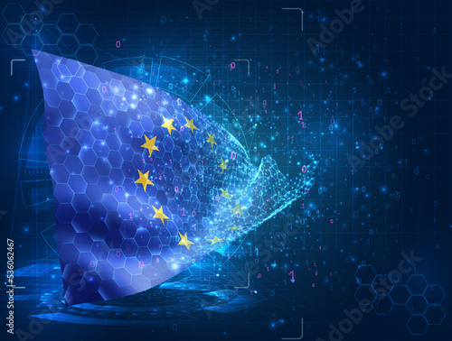 European Union,  vector flag, virtual abstract 3D object from triangular polygons on a blue background