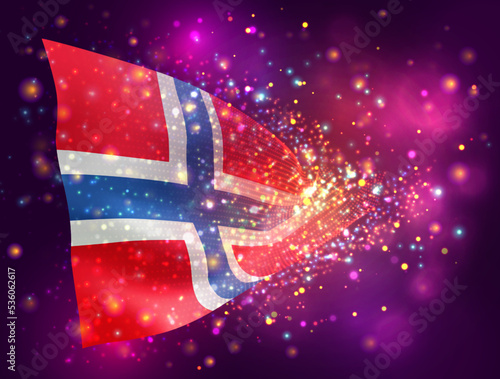 Norway, vector 3d flag on pink purple background with lighting and flares