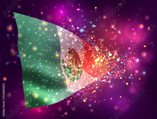 Mexico, vector 3d flag on pink purple background with lighting and flares