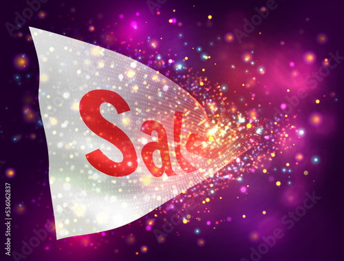 Discount, on vector 3d flag on pink purple background with lighting and flares