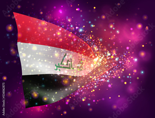 Iraq, vector 3d flag on pink purple background with lighting and flares