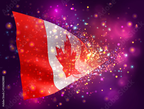 Canada, vector 3d flag on pink purple background with lighting and flares