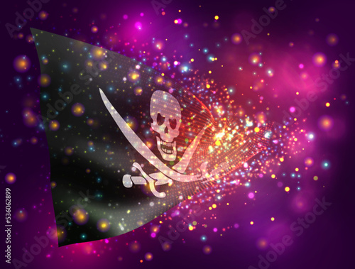 Pirate, on vector 3d flag on pink purple background with lighting and flares