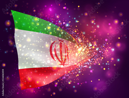 Iran, vector 3d flag on pink purple background with lighting and flares