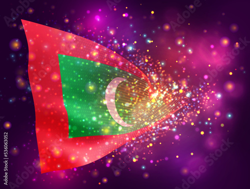 Maldives, vector 3d flag on pink purple background with lighting and flares