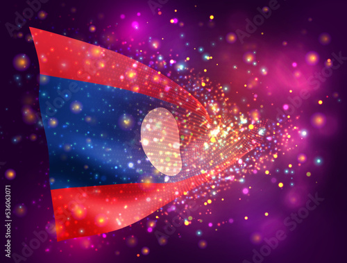 Laos, vector 3d flag on pink purple background with lighting and flares