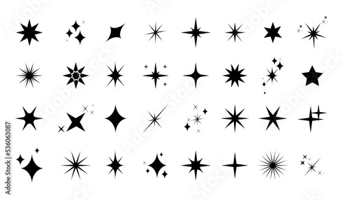 Set of sparkles star icons.Star icon.Bright firework.Light icon set.Flash shine sparkle icon glare blink star.Black star icons isolated on white background