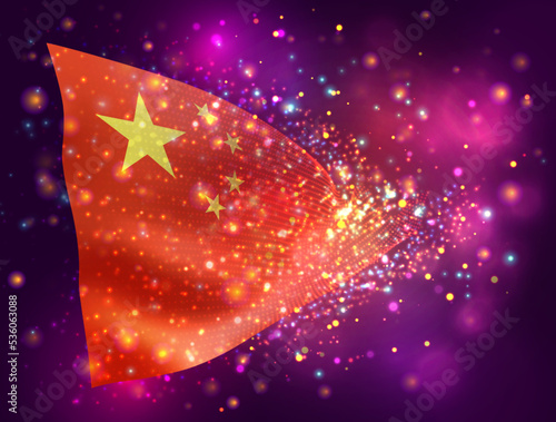 China, vector 3d flag on pink purple background with lighting and flares