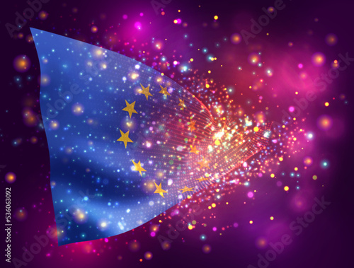 European Union, vector 3d flag on pink purple background with lighting and flares