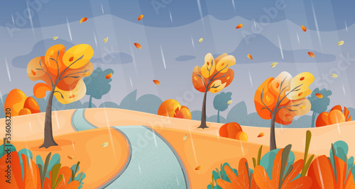 Fall windy and rainy weather in the city park cartoon vector illustration. Golden leaves flying from trees during the rain colorful concept. 