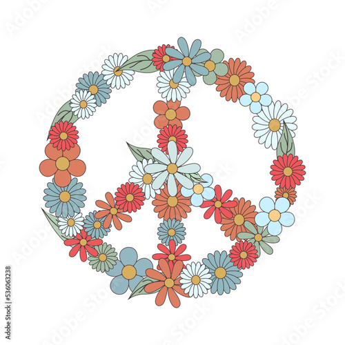 Retro 70s 60s. Hippie Groovy Peace Sign Floral wreath vector illustration isolated on white. Boho Vintage flora pacifist symbol Flower power Flower child tee shirt print.