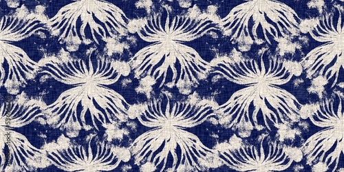  Summer indigo batik block print dyed motif seamless border pattern. Fashion edging ribbon trim for beach wear. Masculine shirt tie dye effect. Repeatable woven endless band photo