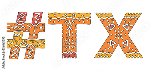 TX Hashtag. Isolated text with national ethnic ornament. Patterned MHashtag #TX is abbreviation for the US American state Texas for print, clothing, t-shirt, poster, banner, flyer. Stock vector pictur