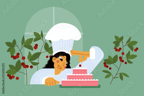 illustration, against the background of cherry branches with berries, a confectioner girl puts a cherry on the cake.