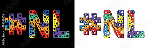 Hashtag #NL. Multicolor bright funny cartoon colorful doodle bubble isolated text. Rainbow colors. Hashtag #NL is abbreviation for the Canadian Newfoundland and Labrador for print, social network, adv