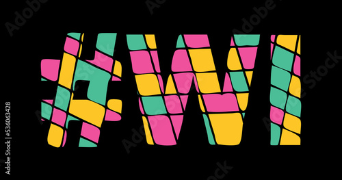 WI Hashtag. Tricolor isolated letters from contrast flowing fluid shapes. 3 colored Hashtag #WI is abbreviation for the US American state Wisconsin for social network, web resources, mobile app