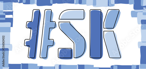 SK Hashtag. Isolate curves doodle letters. Blue colors. Hashtag #SK is abbreviation for the Canadian Saskatchewan for social network, Canada web resource, mobile apps.