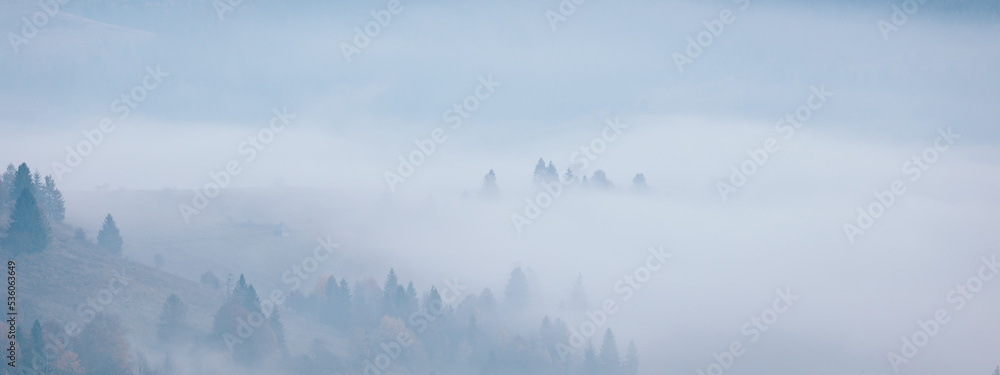 Mountain hills under morning fog at beautiful autumn foggy scenery. Wide panoramic landscape of Carpathian mountains. Ukraine.