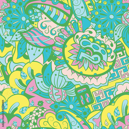 Tracery seamless pattern. Mehndi design. 6 colors. Ethnic doodle texture. Curved doodling background. Vector