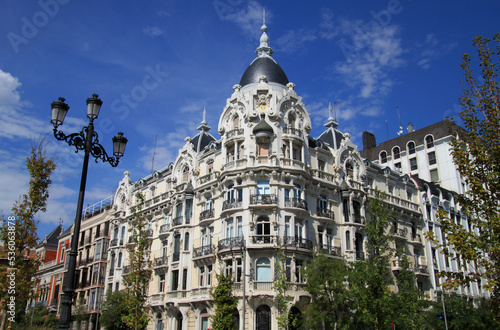 Exterior view of historical buildings in Madrid, Spain, Europe. Mediterranean streets characterized by elegance, and discreet exclusivity, in the traditional Austrias old town neighborhood.