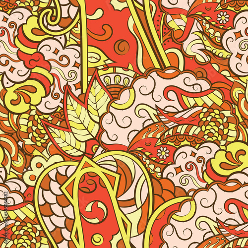 Tracery seamless pattern. Mehndi design. 7 colors. Ethnic doodle texture. Curved doodling background. Vector