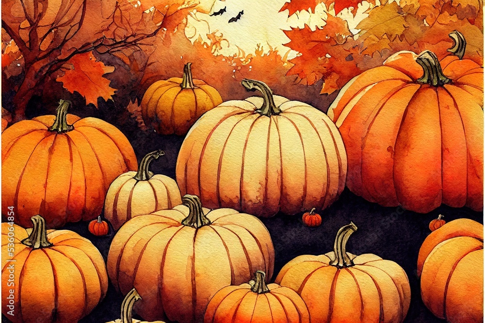 Watercolor composition of pumpkins Halloween Autumn illustration Halloween Greeting Card